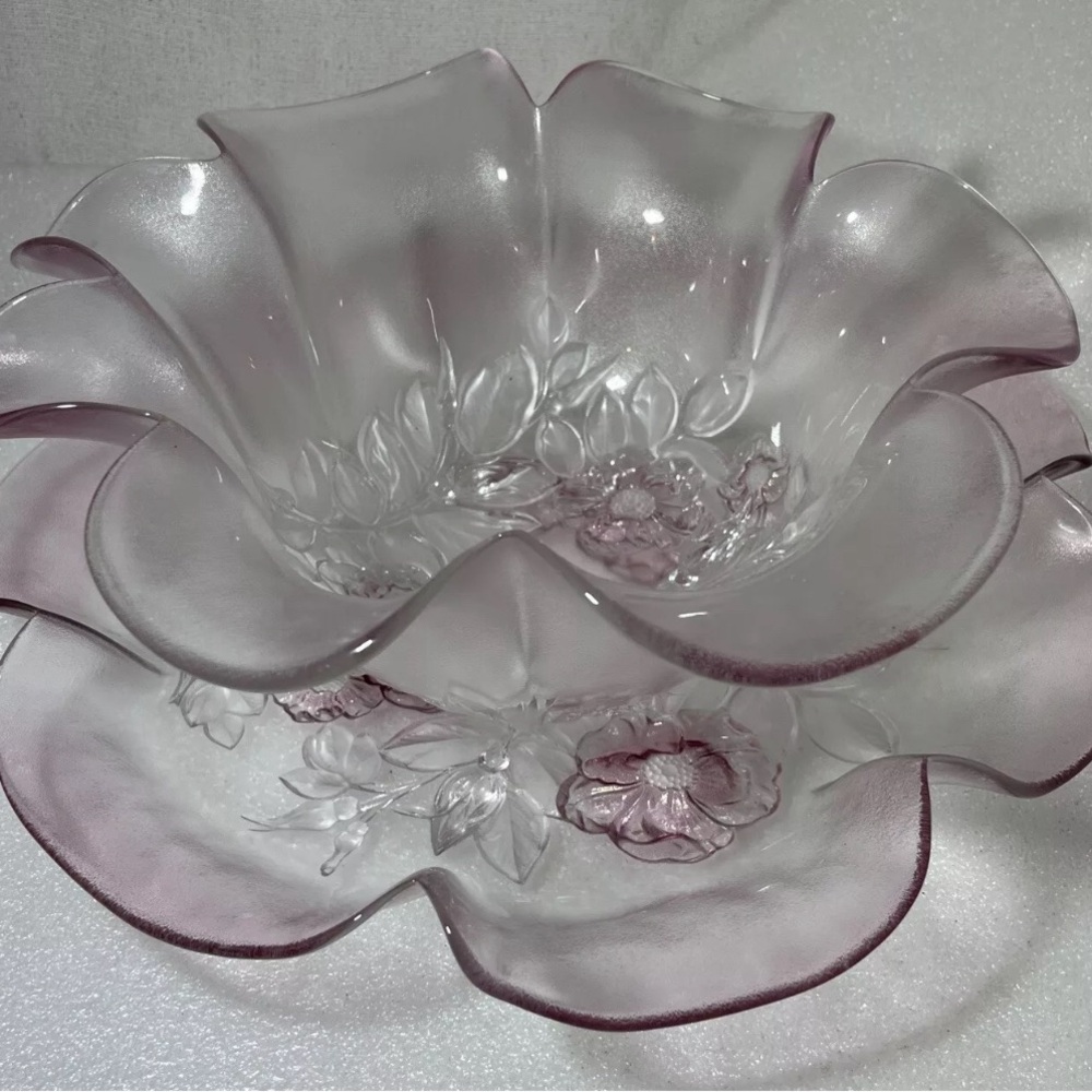 2 Mikasa Rosella Hostess Serving Bowl and Plate Pink Roses Frosted Vintage 13”